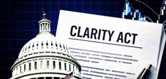 The image shows a document labeled "CLARITY ACT" next to the U.S. Capitol building, suggesting a connection between financial regulation and the accompanying post about Ripple expanding XRP's blockchain technology into the media industry with the $BXE token.
