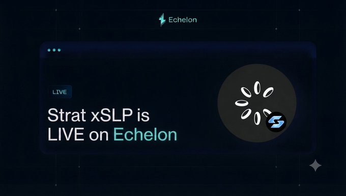 A dark promotional graphic featuring the Echelon logo at the top, with bold white and teal text announcing "Strat xSLP is LIVE on Echelon," accompanied by a circular graphic of falling coins and the xSLP token emblem.