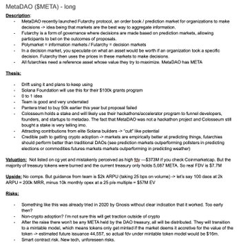 The image shows an investment thesis write-up for **$META / MetaDAO**, covering description, thesis points, valuation metrics (93M FD vs ~$5.987B market cap), upside calculations, and risks. The accompanying post about $MORPHO and DeFi lending shifting toward modular credit infrastructure appears unrelated to the image's content, which focuses on MetaDAO's prediction market protocol and futarchy governance.