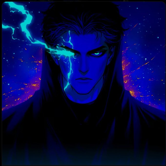 A stylized digital illustration of a man with glowing blue eyes and blue electricity emanating from his face, set against a cosmic background of stars and fiery orange nebulae.
