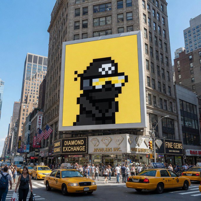 A New York City street scene featuring a large yellow billboard with a pixelated character wearing sunglasses and a mask, displayed above a Diamond Exchange jewelry store with yellow taxi cabs below.