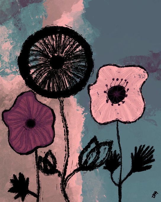 An artistic painting of three stylized flowers (black, purple, and pink) with stems and leaves against a blue and pink background.