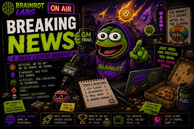 The image is a satirical "Brainrot Labs Breaking News" broadcast featuring a cartoon frog in a purple "BRAINROT LABS" hoodie holding an "ON AIR" mic, surrounded by crypto-themed elements like "GM FROGS," "REKT FUEL," and a scrawled headline reading "JPMORGAN: 'WE...'" — visually echoing the post's quote about JPMorgan's complicated stance on Polymarket, where it ended banking services over legal concerns but is now reportedly seeking to lead Polymarket's IPO.