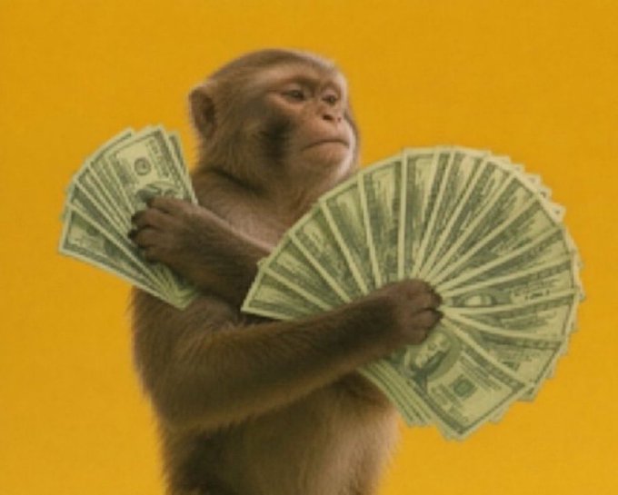 A monkey proudly fans out large stacks of U.S. dollar bills against a yellow background, visually reinforcing the "$200 Giveaway" crypto promotion by @jaydotcrypto, which uses the imagery to symbolize easy money and entice users to like, repost, and drop their $SOL addresses within 24 hours.