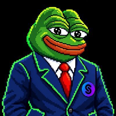 A pixelated illustration of a green Pepe the Frog character wearing a blue suit with a red tie and an 'S' badge.
