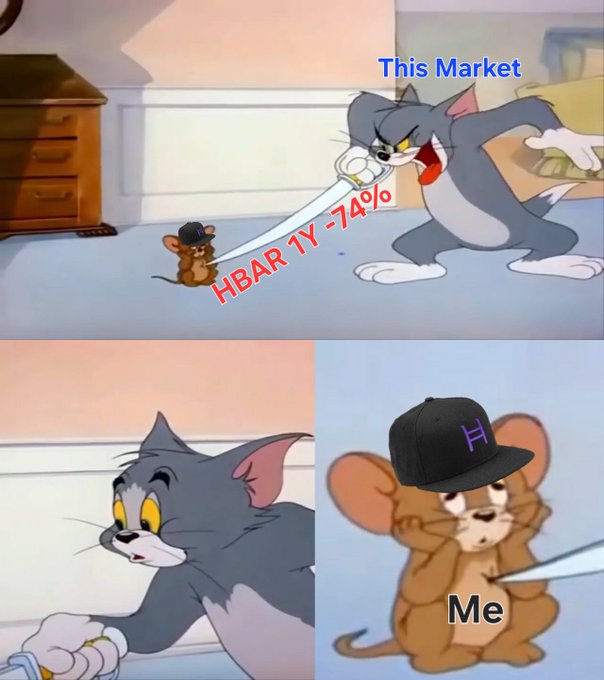 A Tom and Jerry meme showing Tom (labeled "This Market") wielding a sword marked "HBAR 1Y -74%" in pursuit of Jerry (labeled "Me" with an "H" hat), who appears nervous. The meme reflects the post's humor about Hedera ($HBAR) holders feeling attacked by the cryptocurrency's brutal 74% year-over-year decline.