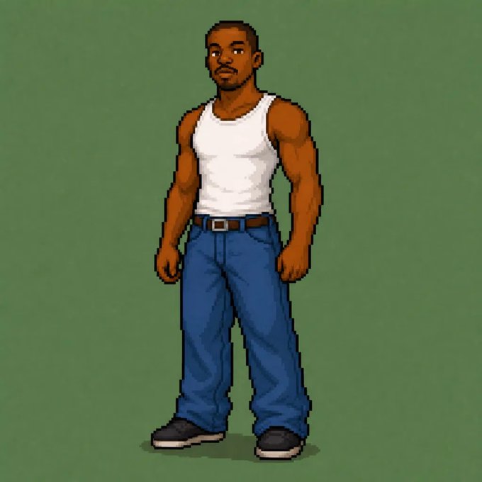 A pixel art character sprite of a muscular man with a goatee, wearing a white tank top and blue jeans, standing against a solid green background.