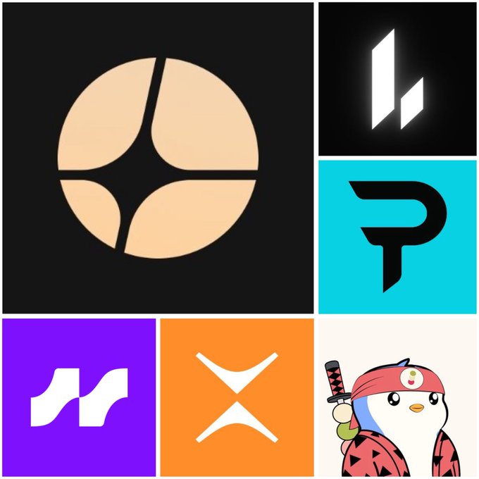A collage of six cryptocurrency-related logos, including the Kusama (KSM) symbol, Acala, PenDrive/PENDLE, Glimmer/Hydra, the X (XRP) coin symbol, and a colorful cartoon character.
