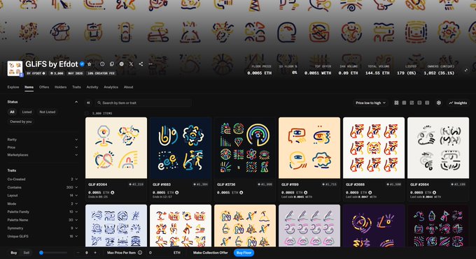A screenshot of the Erdot NFT marketplace displaying a collection called 'GLiFS by Erdot' with various pixelated character NFT tiles, showing market cap of 10.69 ETH, 320 owners, and a floor price of 0.0065 ETH.