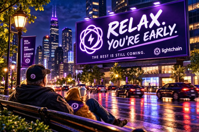 A stylized AI-generated advertisement for 'lightchain' showing a person and dog on a bench at night, looking at a glowing billboard that reads 'RELAX. YOU'RE EARLY. THE BEST IS STILL COMING.'