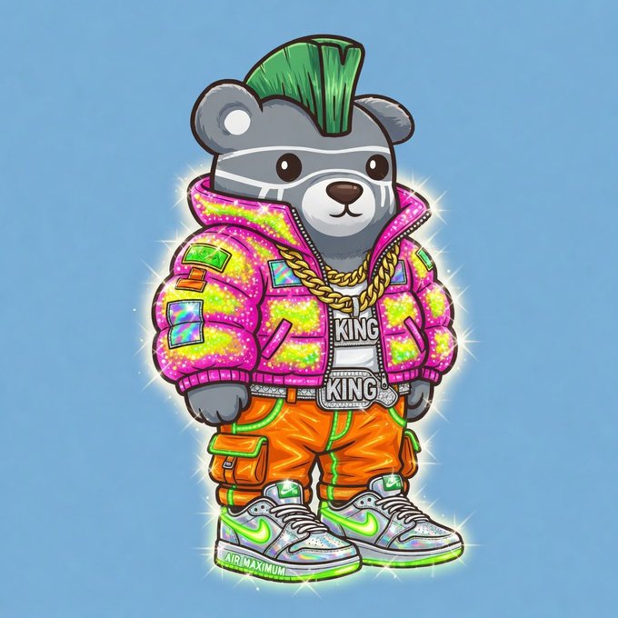 A colorful cartoon illustration of a bear character wearing a sparkly pink and yellow puffer jacket, gold chains with 'KING' pendants, orange cargo pants, and Nike Air Max sneakers, standing against a light blue background.