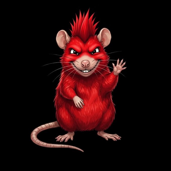 An illustration of an angry red cartoon rat with spiky fur, standing on its hind legs and waving against a solid black background.