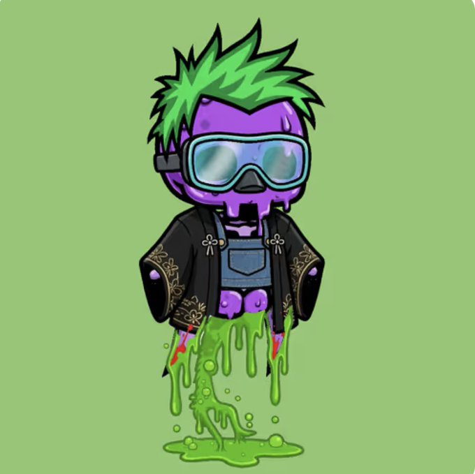 A cartoon figure with a purple skull-like head, green spiky hair, and blue goggles, wearing a black jacket, with bright green slime melting from its body onto the ground.