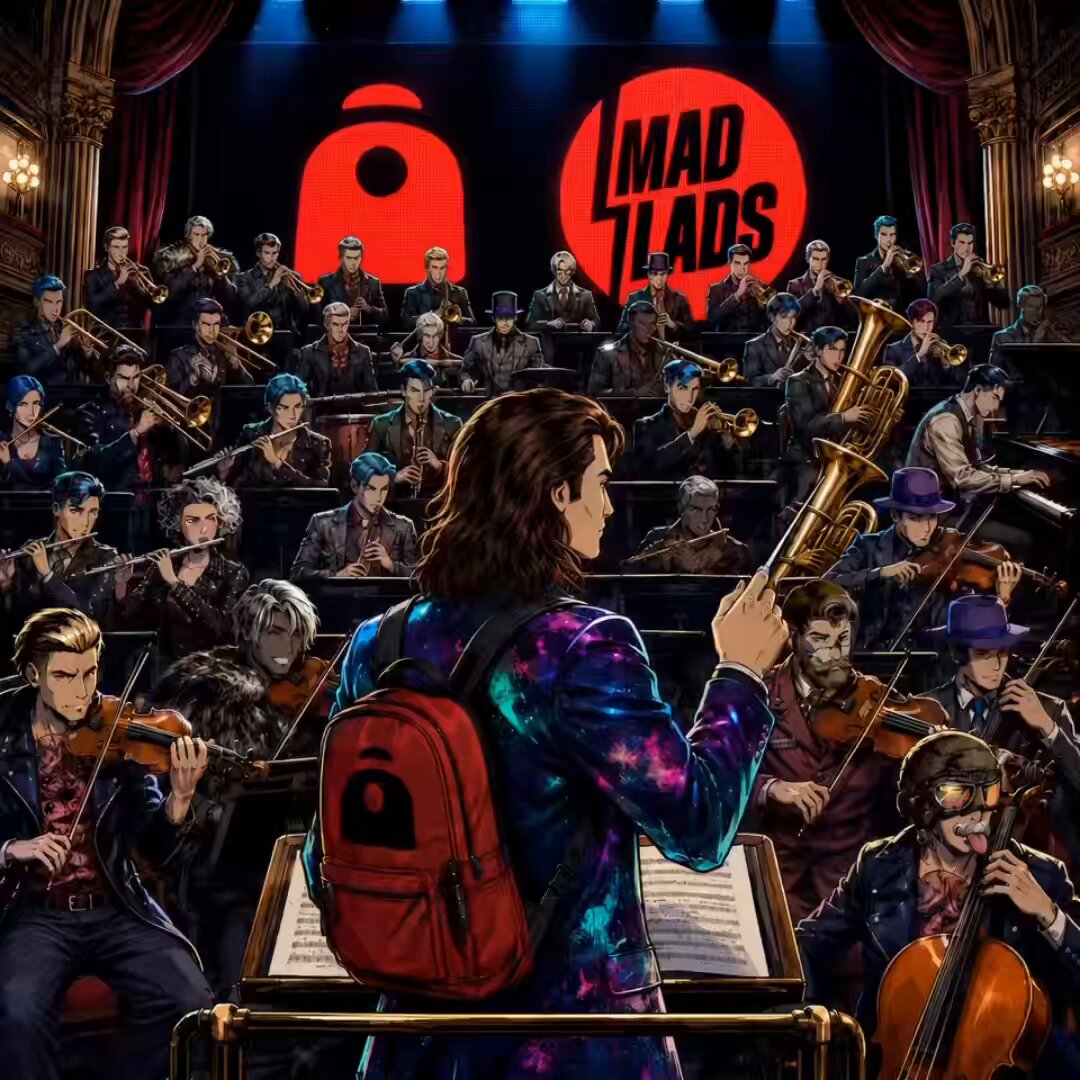 The image features a conductor standing in front of an orchestra with his baton raised, ready to lead them through their performance. The conductor is wearing a backpack that has a logo on it. The background shows a stage with a large red circle and the words "MadLads" written above it. The audience consists of various musicians playing different instruments such as violins, cellos, and trumpets.