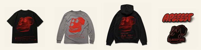 A product lineup showing an APDEPT (CLASSIFIED) clothing collection featuring black and grey t-shirts, long-sleeve shirts, and hoodies with red graphics of a helmeted skull character.