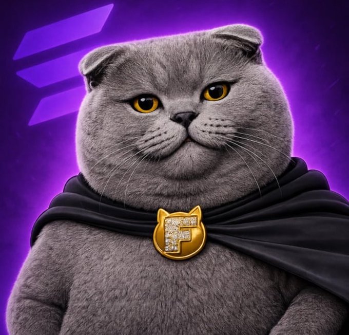 A digitally edited image of a gray British Shorthair cat wearing a black cape fastened with a gold 'F' emblem, set against a purple background with a geometric logo.