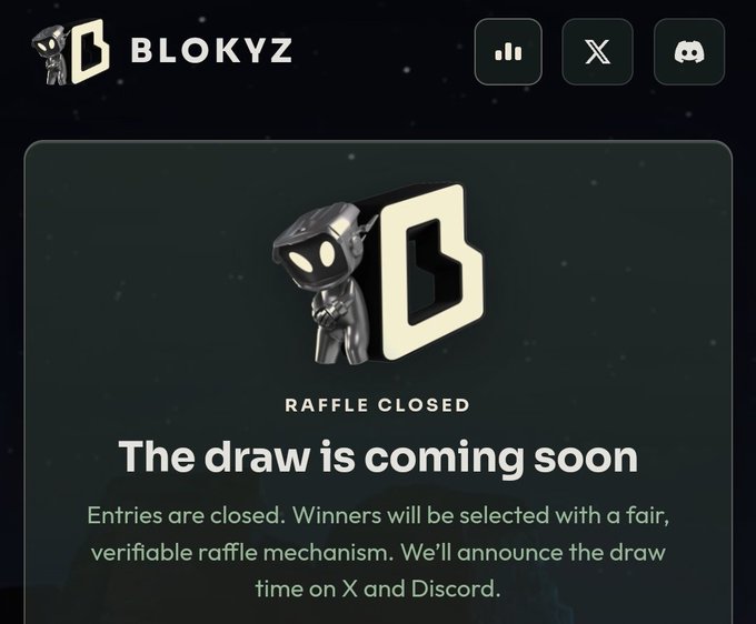 A screenshot from Blokyz showing a closed raffle announcement that reads "The draw is coming soon" with details that "Entries are closed. Winners will be selected with a fair, verifiable raffle mechanism. We'll announce the draw time on X and Discord." The image relates to the post by highlighting the overwhelming success of the Blokyz NFT project, which generated $64 million in pledges far exceeding its original $750k raise target, demonstrating the strong demand and hype surrounding the project as it prepares to select winners.
