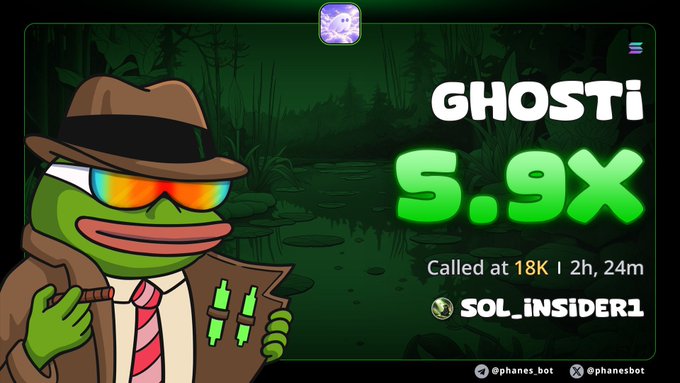 Promotional graphic featuring a cartoon Pepe the Frog character in a brown suit and sunglasses, with text 'GHOSTi 5.9X Called at 18K | 2h, 24m SOL_iNSIDER1' and @phanes.bot/@phanesbot handles.
