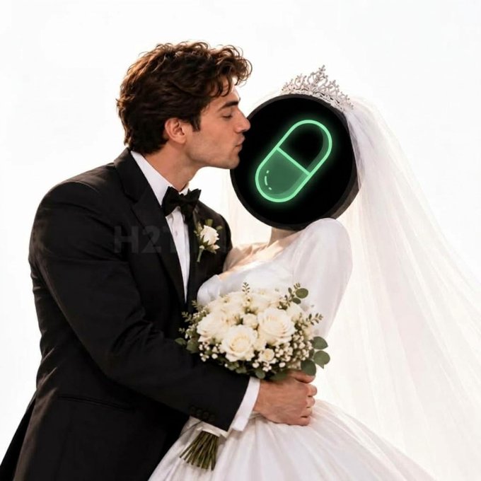 A groom in a black tuxedo kisses his bride, whose face has been edited to show a glowing green pill capsule; the image is watermarked with "H2O".