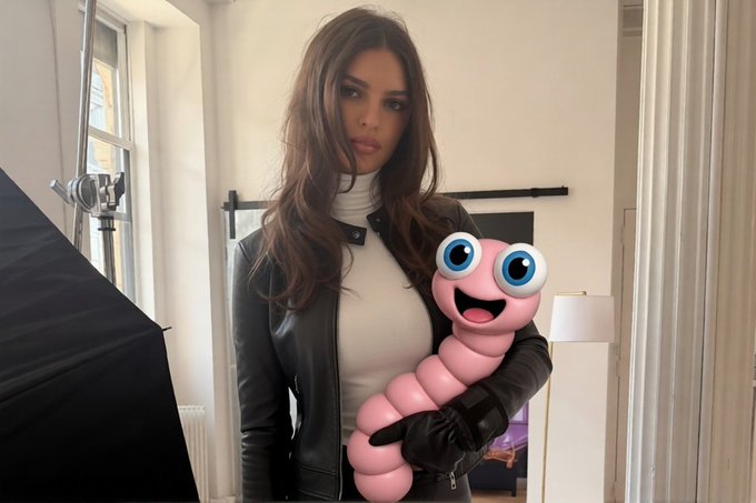 A woman in a white turtleneck and black leather jacket holding a pink, segmented worm-like toy with a smiling face, standing in an indoor setting with photography equipment.