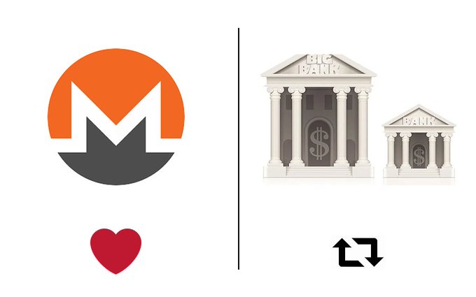 The Monero cryptocurrency logo is displayed on the left with a red heart, contrasted on the right with cartoon illustrations of traditional 'BIG BANK' and 'BANK' buildings featuring dollar signs and classical columns.