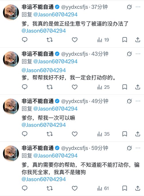 A screenshot of Twitter/X replies from user "@yydxcsfjs" to "@Jason60704294," where the user repeatedly begs for money with messages like "爹，真的需要你的帮助，不知道能不能打动你，骗你我死全家，我真不是赌狗" (Dad, I really need your help, I don't know if I can move you, I'll die with my whole family if I scam you, I'm really not a gambling dog). The accompanying post comments on how this desperate begging approach is unlikely to succeed and mocks the persistence of the user, suggesting that perseverance might eventually pay off.