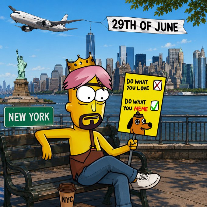 The image features a cartoon character, likely from the Simpsons, sitting on a bench with a sign that reads "Do What You Love" and has a dog on it. The cartoon character also has a cup of coffee next to him. In the background, there is an airplane flying overhead, suggesting that this scene takes place in New York City.