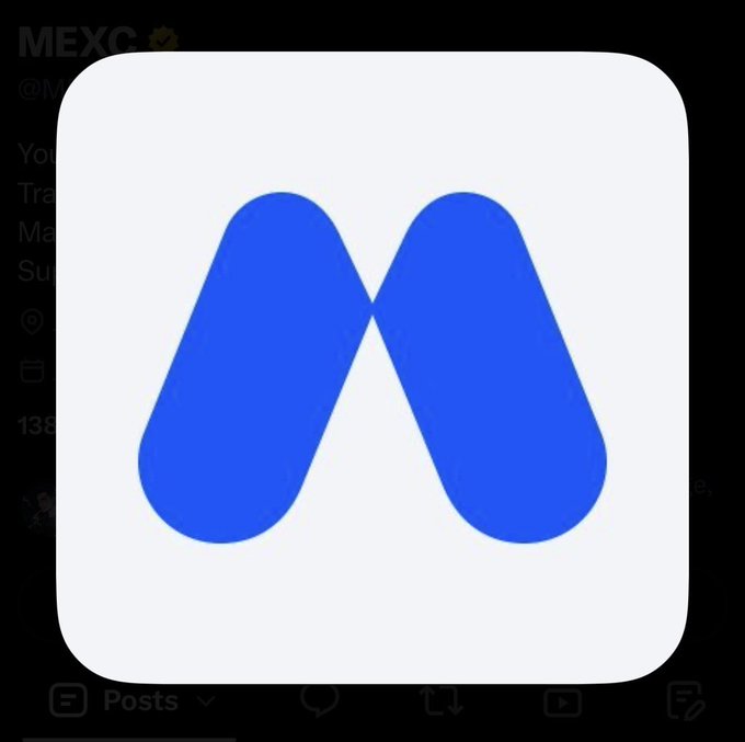 A blue letter 'M' logo on a white rounded square app icon, with MEXC visible in the background text.