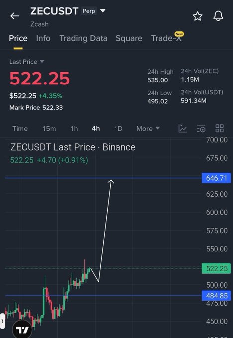 A Binance mobile trading screenshot for ZECUSDT (Zcash Perpetual) showing a last price of $522.25 (+4.35%), with a 4-hour chart featuring a hand-drawn white arrow pointing upward toward the $646.71 resistance line.