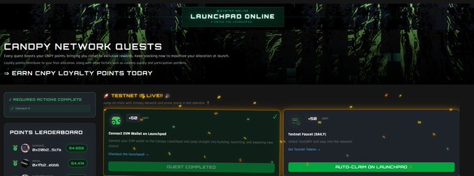 The image shows a website called Canopy Network that seems to be launching a testnet of their own system. It has a banner advertisement showing an offer for extra rewards by going to a specific link. The main part of the image is dominated by a message encouraging users to connect X and Discord, which would allow them to access the testnet. This post appears to be related to the Canopy network launch project or possibly a similar gaming platform with a focus on rewarding users who participate in its activities.