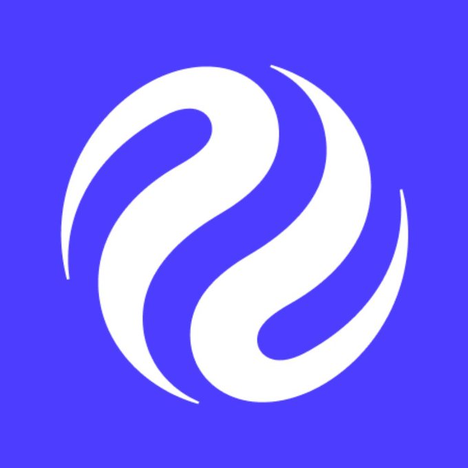 A white stylized swirling logo on a solid purple background.