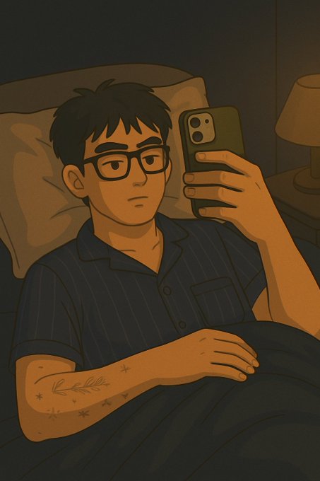 The image features a man lying down in bed, holding up his phone with a selfie taken of him. The man has glasses and tattoos on his arm. The background shows a lamp and a pillow, creating an atmosphere of relaxation or rest. The caption for the image reads "See you tomorrow legends More deep dives, more ecosystem discussions and more interesting infrastructure narratives ahead with @quipnetwork and @XOOBNetwork Still watching closely how: • quantum safe infrastructure • useful compute • onchain growth systems • creator".