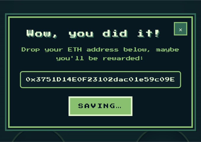 A pixel-art game completion screen displays "Wow, you did it!" with the message "Drop your ETH address below, maybe you'll be rewarded!" followed by an Ethereum address field reading "0x3751D14E0F23102dac01e59c09E" and a "SAVING..." button, promoting the Galleria NFT mint opportunity mentioned in the post.