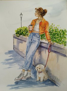 A watercolor-style illustration of a woman in jeans and an orange jacket walking a small white dog while holding a coffee cup.