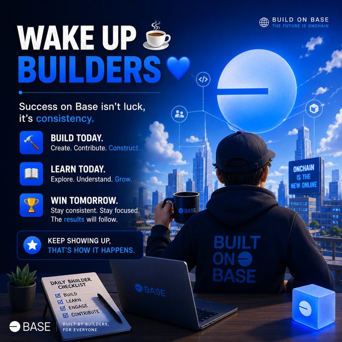 The image features an advertisement for a company called Base that promotes the idea of waking up early and building something. The main focus of the ad is a man sitting at a desk with his laptop, holding a coffee cup. There are several other people in the background who appear to be working on their laptops as well. The text in the image emphasizes the importance of consistency and learning, encouraging viewers to wake up early and work on building something every day.