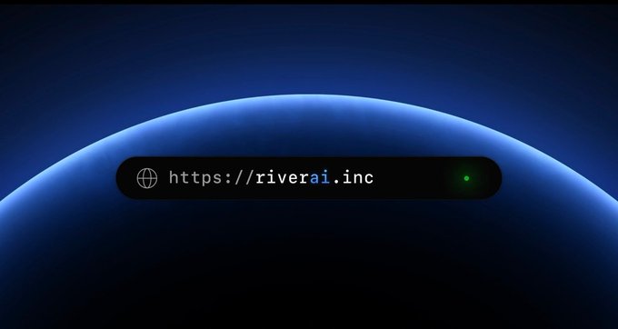 A digital image showing a dark blue background with a curved horizon line and a browser address bar displaying 'https://riverai.inc' with a green status indicator.