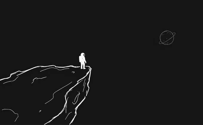 A minimalist black and white line-art illustration of an astronaut standing on the edge of a cliff, gazing at a distant planet in space.