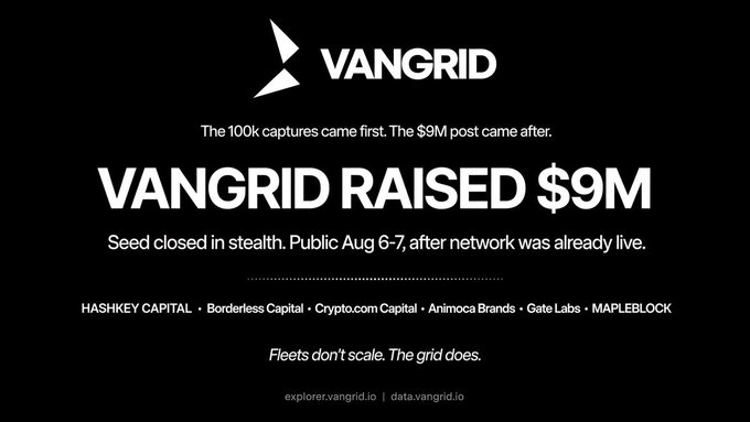 A promotional graphic announcing "VANGRID RAISED $9M," noting the seed closed in stealth with investors including HashKey Capital, Borderless Capital, Crypto.com Capital, Animoca Brands, Gate Labs, and Mapleblock.