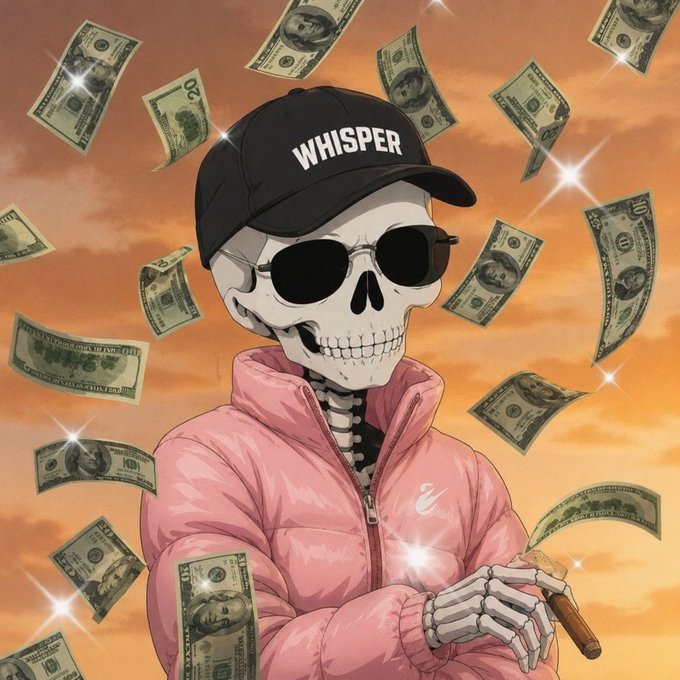 An illustration of a skeleton wearing a black cap with 'WHISPER' written on it, sunglasses, and a pink puffer jacket, holding a cigar with dollar bills flying around against an orange sky.