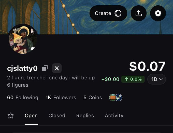 A profile page for user 'cjslatty0' with bio '2 figure trencher one day i will be up 6 figures', showing $0.07 balance, 1K followers, and 5 coins.