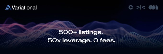 Dark promotional banner for 'Variational' exchange platform displaying the text '500+ listings. 50x leverage. 0 fees.' over an abstract purple and blue mesh wave design, with C++, terminal, and logo icons in the top right.