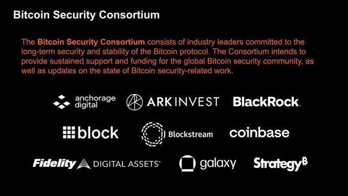 An informational slide titled 'Bitcoin Security Consortium' featuring logos of member companies including Anchorage Digital, ARK Invest, BlackRock, Block, Blockstream, Coinbase, Fidelity Digital Assets, Galaxy, and Strategy.
