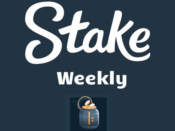 A dark blue promotional graphic features the bold white script "Stake Weekly" above an illustration of an overflowing pot of gold coins. It serves as a vibrant announcement banner for the latest weekly rewards or giveaway available at stake.com, encouraging users to claim their bonuses and share usernames.