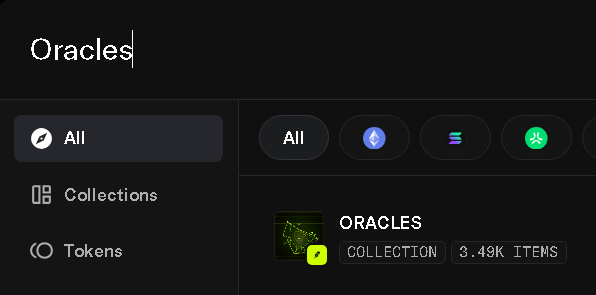 UI interface labeled 'Oracles' showing navigation tabs for All, Collections, and Tokens, with an 'ORACLES' collection containing 3.49K items.