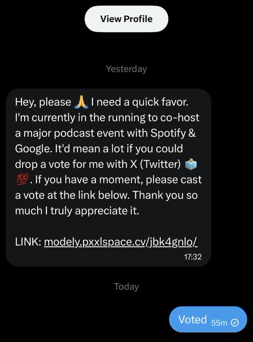 A direct message asking for a vote on Twitter/X to help co-host a major podcast event with Spotify & Google, with a link to modelv.pxxlspace.cv/jbk4gnlo/.