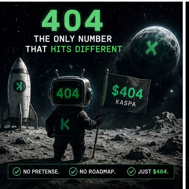 A promotional graphic features an astronaut on a moon-like surface holding a flag, with text reading '404 THE ONLY NUMBER THAT HITS DIFFERENT' and '$404 KASPA,' along with checkmarks for 'NO PRETENSE,' 'NO ROADMAP,' and 'JUST $404.'