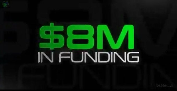 Green text graphic reading '$8M IN FUNDING' with a Beldex logo in the corner.