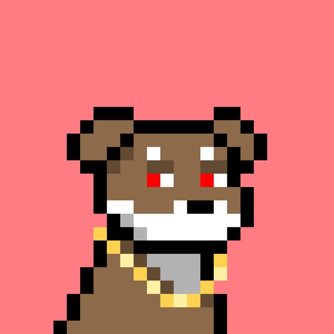 A pixel art portrait of a brown bear character with red eyes wearing a gold chain against a pink background.