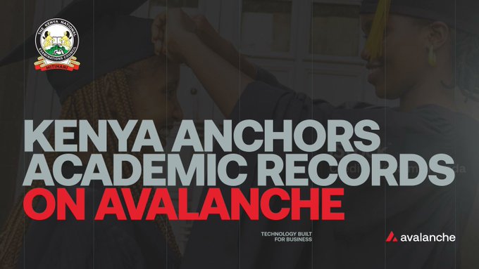 A banner reads 'KENYA ANCHORS ACADEMIC RECORDS ON AVALANCHE' featuring the Kenya Education Records Management Authority logo and the Avalanche logo with the tagline 'TECHNOLOGY BUILT FOR BUSINESS'.