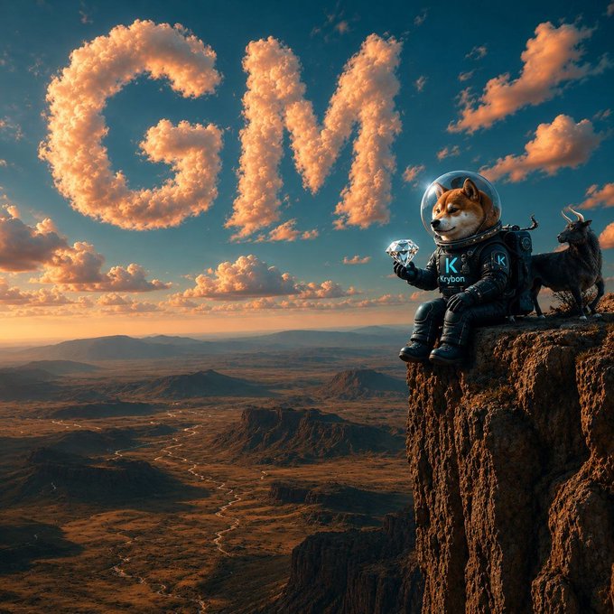 A Shiba Inu astronaut sits atop a rocky cliff holding a glowing diamond, with "GM" spelled out in clouds above and "Krybon" visible on its spacesuit, alongside a dark wolf companion overlooking a vast canyon landscape at sunset—capturing the post's motivational "Keep moving forward" message with the #Krybon branding.